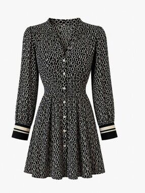 H&M Black and White Printed Long-Sleeve Button Dress